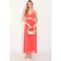 CY Women's Strappy Chiffon Maxi Dress With Sequin Waist Detail & Scarf In Red | Size: S/M