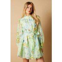 Oasis Women's Sage Floral Organza Mini Shirt Dress in Blue | Size: 14
