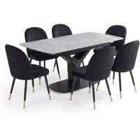 HOME LUXE INTERIOR Sapphire 140-180cm Extending Grey Quartz Table & 6 Black Liza Chairs