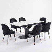 HOME LUXE INTERIOR Sapphire 140-180cm Extending White Quartz Table & 6 Black Liza Chairs | Size: 10ft