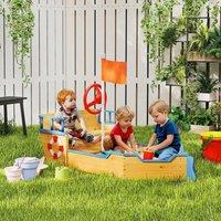 OUTSUNNY Kids Wooden Sandbox Pirate Ship Sandboat with Bench Seat Storage Space in Brown