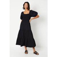 Dorothy Perkins Women's Puff Sleeve Shirred Bodice Midi Dress in Black | Size: 10