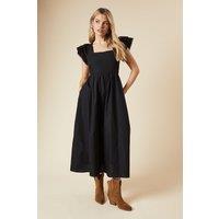 Dorothy Perkins Women's Black Lace Trim Ruffle Sleeve Poplin Midi Dress | Size: 14