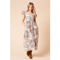 Dorothy Perkins Women's Paisley Lace Trim Ruffle Sleeve Poplin Midi Dress in Pink | Size: 14