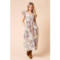 Dorothy Perkins Women's Paisley Lace Trim Ruffle Sleeve Poplin Midi Dress in Pink | Size: 18