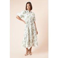 Dorothy Perkins Women's Green Floral Poplin Tiered Button Front Shirt Dress | Size: 12