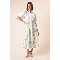 Dorothy Perkins Women's Green Floral Poplin Tiered Button Front Shirt Dress | Size: 18