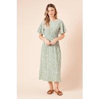 Dorothy Perkins Women's Green Leopard Shirred Waist Short Sleeve Jersey Midi Dress | Size: 10