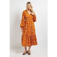 Dorothy Perkins Women's Orange Spot Empire Seam Frill Detail Midi Dress | Size: 14
