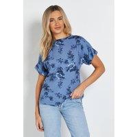 Dorothy Perkins Women's Blue Floral Printed Roll Sleeve Blouse | Size: 14