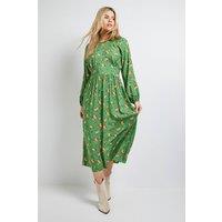 Dorothy Perkins Women's Petite Green Ditsy Blouson Sleeve Keyhole Detail Midi Dress | Size: 6