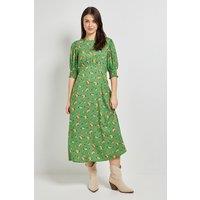 Dorothy Perkins Women's Green Floral Shirred Cuff Midi Dress | Size: 16