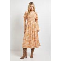 Dorothy Perkins Women's Paisley Shirred Bodice Puff Sleeve Midi Dress in Orange | Size: 8