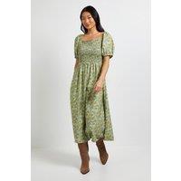 Dorothy Perkins Women's Petite Green Ditsy Shirred Bodice Puff Sleeve Midi Dress | Size: 18