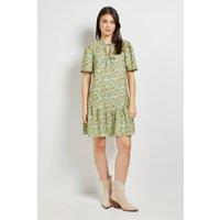 Dorothy Perkins Women's Green Floral Tie Detail Drop Hem Printed Mini Dress | Size: 16