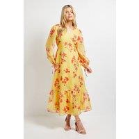Dorothy Perkins Women's Yellow Floral Printed Wrap Detail Blouson Sleeve Maxi Dress | Size: 10