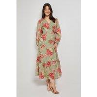 Dorothy Perkins Women's Green Floral Printed Wrap Detail Blouson Sleeve Maxi Dress | Size: 10