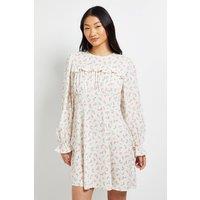 Dorothy Perkins Women's Petite Cream Ditsy Gathered Bodice Lace Back Long Sleeve Mini Dress in Floral | Size: 14