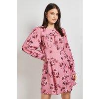 Dorothy Perkins Women's Pink Floral Gathered Bodice Lace Back Long Sleeve Mini Dress | Size: 10