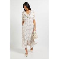 Dorothy Perkins Women's Petite Cream Ditsy Frill Neck Puff Sleeve Maxi Dress in Floral | Size: 8