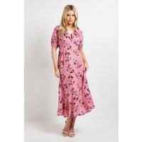 Dorothy Perkins Women's Pink Floral Frill Neck Puff Sleeve Maxi Dress | Size: 18