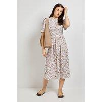 Dorothy Perkins Women's Petite Cream Floral Shirred Bodice Drop Waist Midi Dress | Size: 12
