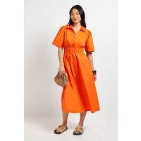 Dorothy Perkins Women's Petite Collar Shirred Waist Detail Poplin Midi Dress in Orange | Size: 14