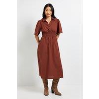 Dorothy Perkins Women's Petite Collar Shirred Waist Detail Poplin Midi Dress in Chocolate | Size: 8