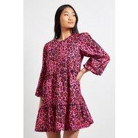 Dorothy Perkins Women's Petite Animal Frill Tiered Printed Poplin Mini Smock Dress | Size: 10