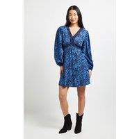 Dorothy Perkins Women's Petite Lace Trim Long Sleeve Printed Mini Dress in Blue | Size: 8