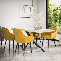 More4Homes Donni Dining Table & Chairs - White Marble Effect Table Top w Black Legs + Anika Velvet Dining Chair Set Of 4 in Mustard