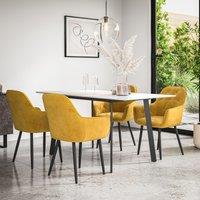 More4Homes Haydon Extending Dining Table & Chairs- White Marble Effect Table Top w Black Legs + Anika Velvet Dining Chair Set Of 6 in Mustard
