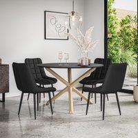 More4Homes Malvern Round Dining Table & Chairs - Black Table Top w Solid Oak Legs + Nova Faux Leather Dining Chair Set Of 4