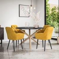 More4Homes Malvern Round Dining Table & Chairs - Black Table Top w Solid Oak Legs + Anika Velvet Dining Chair Set Of 4 in Mustard