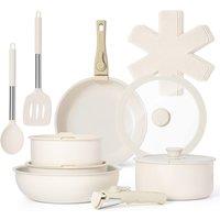 VonShef 17pc Pots & Pans Set, Non-Stick frying Pans, Saucepans & Accessories in Cream