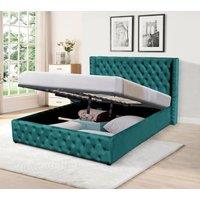 Comfy Living Ltd Winged Plush Velvet Fabric Ottoman Gas Lift Up Storage Bed Frame in Green | Size: Single