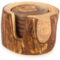 Verano Spanish Ceramics Olive Wood Natural Grained Rustic Handmade 6 Coasters In Box 8cm