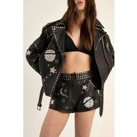 NastyGal Women's Real Leather Cosmic Studded Shorts in Black | Size: 8