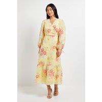 Dorothy Perkins Women's Petite Floral Printed Wrap Detail Blouson Sleeve Maxi Dress | Size: 8