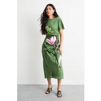 Warehouse Women's Floral Printed Drawstring Waist Short Sleeve Midi Dress in Green | Size: 8