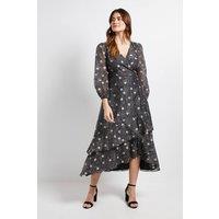 Wallis Women's Polka Dot Ruffle Wrap Midi Dress in Black | Size: 10