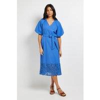 Wallis Women's Puff Sleeve Lace Trim Midi Dress in Blue | Size: 12
