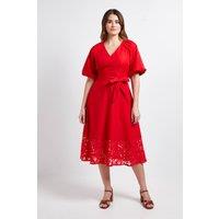 Wallis Women's Puff Sleeve Lace Trim Midi Dress in Red | Size: 8