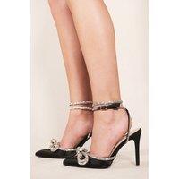 Where's That From Women's 'Fanen' Pointed Toe High Heels With Diamante Bow & Ankle Strap in Black | Size: 6