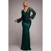 Goddiva Women's Embellished Sequin Bishop Sleeve Maxi Dress in Emerald | Size: 8