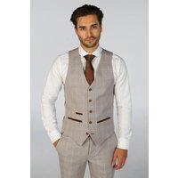 Paul Andrew Men's Leo Checked Tailored Fit Waistcoat in Beige | Size: 40R