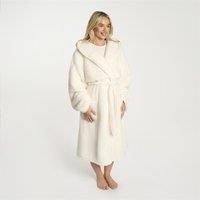 OHS Teddy Fleece Long Dressing Gown Warm House Coat Hooded in Cream