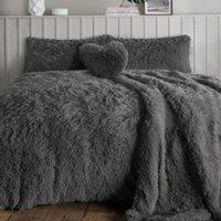 Homes-Linen Alaska Long Fur Teddy Fleece Duvet Cover Set Soft Warm Cosy Bedding in Charcoal | Size: Single