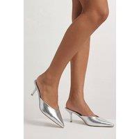 MissPap Women's Silver Faux Metallic Leather Pointed Stiletto Heeled Mules | Size: 5