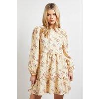 Dorothy Perkins Women's Yellow Ditsy Floral Frill Tiered Printed Poplin Mini Smock Dress | Size: 12
